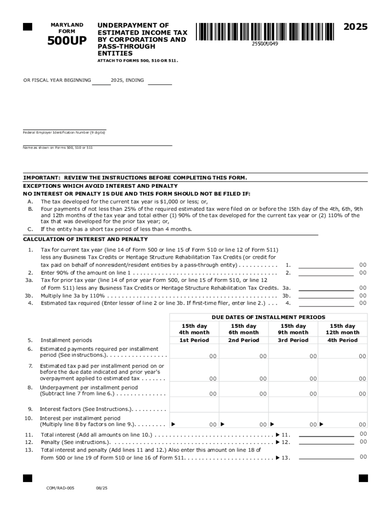 Form 500UP Underpayment of Estimated Income Tax by Corporations