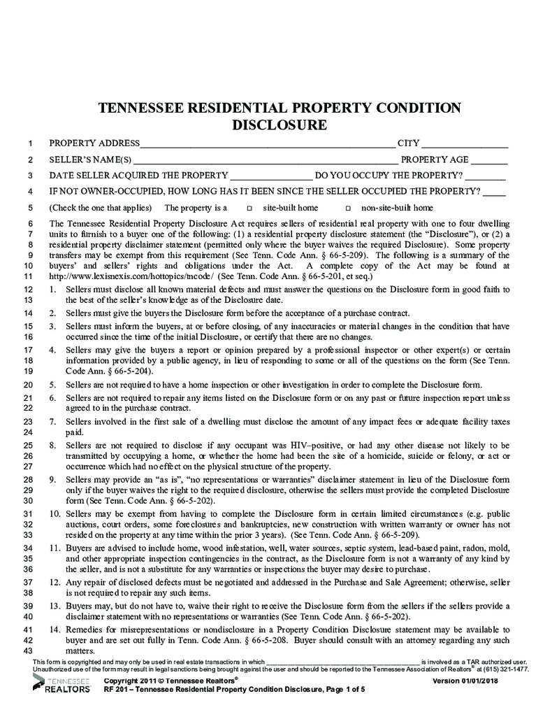 Form RF 201 Tennessee Residential Property Condition Disclosure