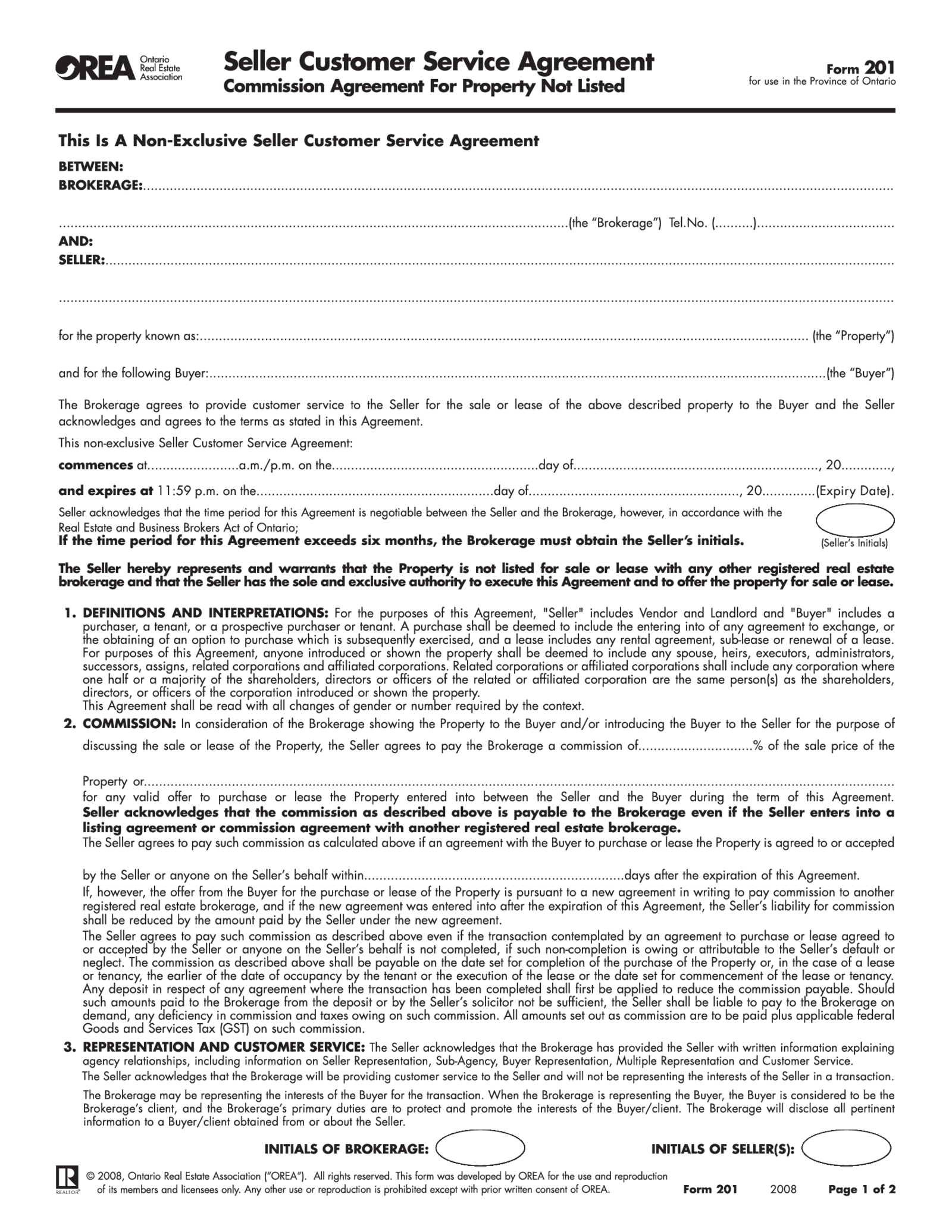 OREA Form 201, Seller Customer Service Agreement - Thumbnail