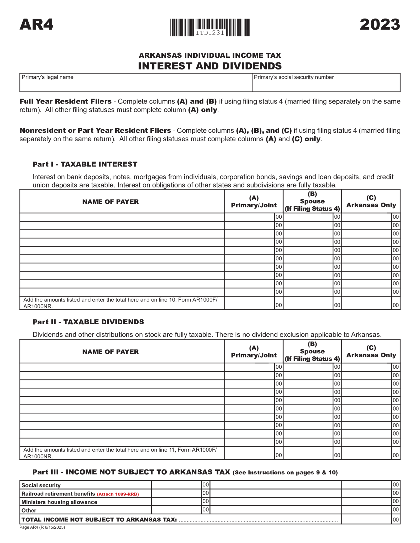 Arkansas Form AR4 Interest and Dividend - Thumbnail