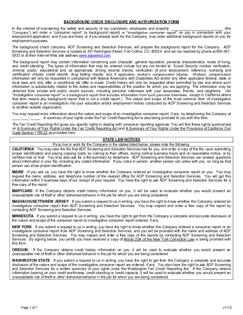 Adp Background Check Form V1112