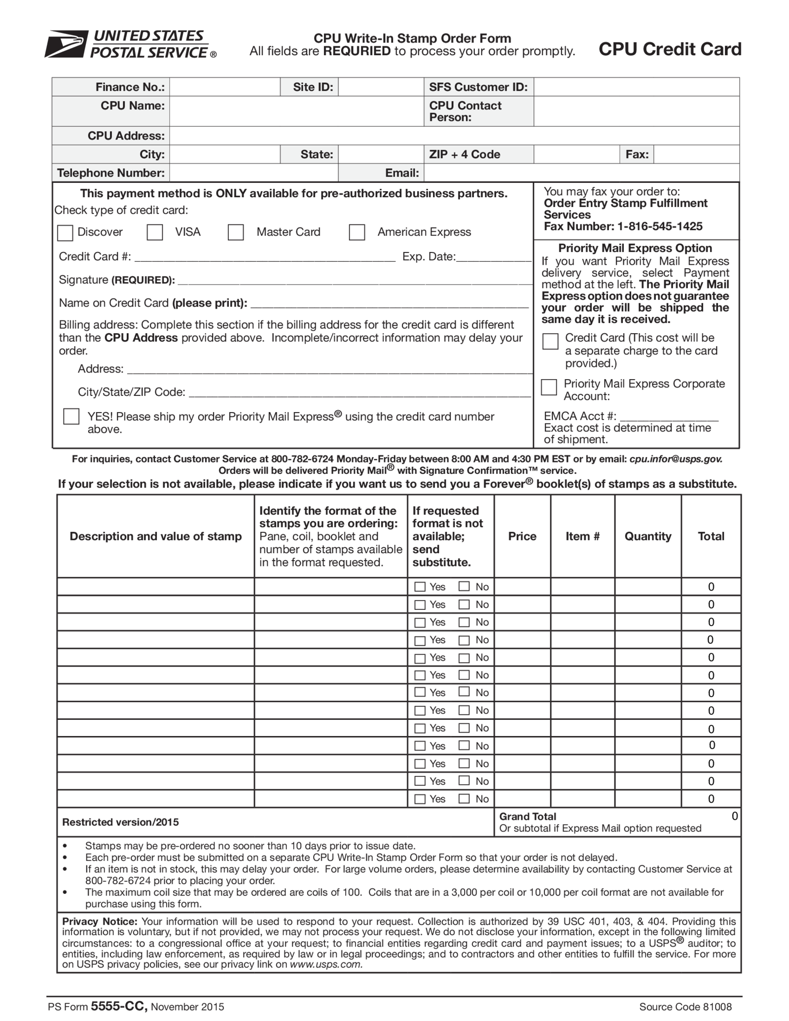 Fillable CPU Credit Card Stamp Order Form - Thumbnail