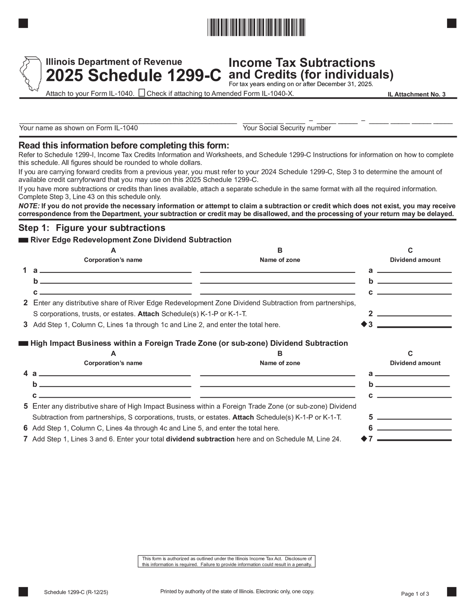 Illinois Tax Form Schedule 1299-C - Thumbnail