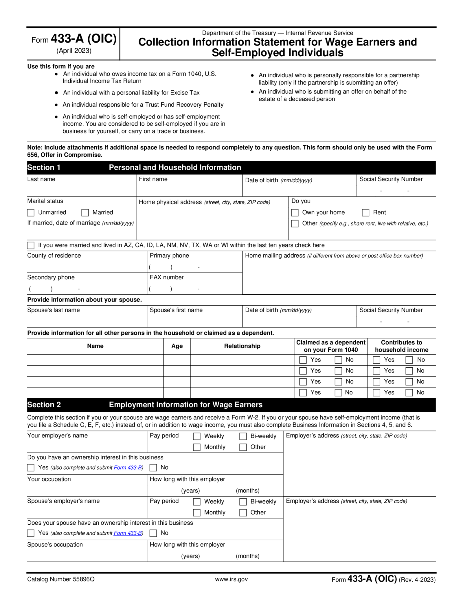 Form 433-A (OIC) - Thumbnail