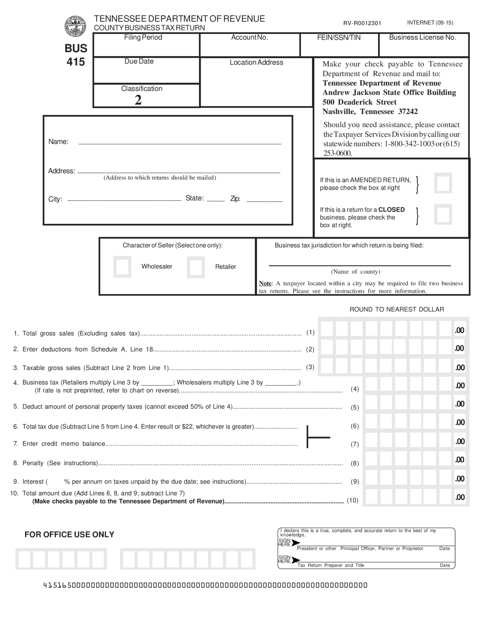 Fillable Business Tax Return (Form BUS-415) - Thumbnail