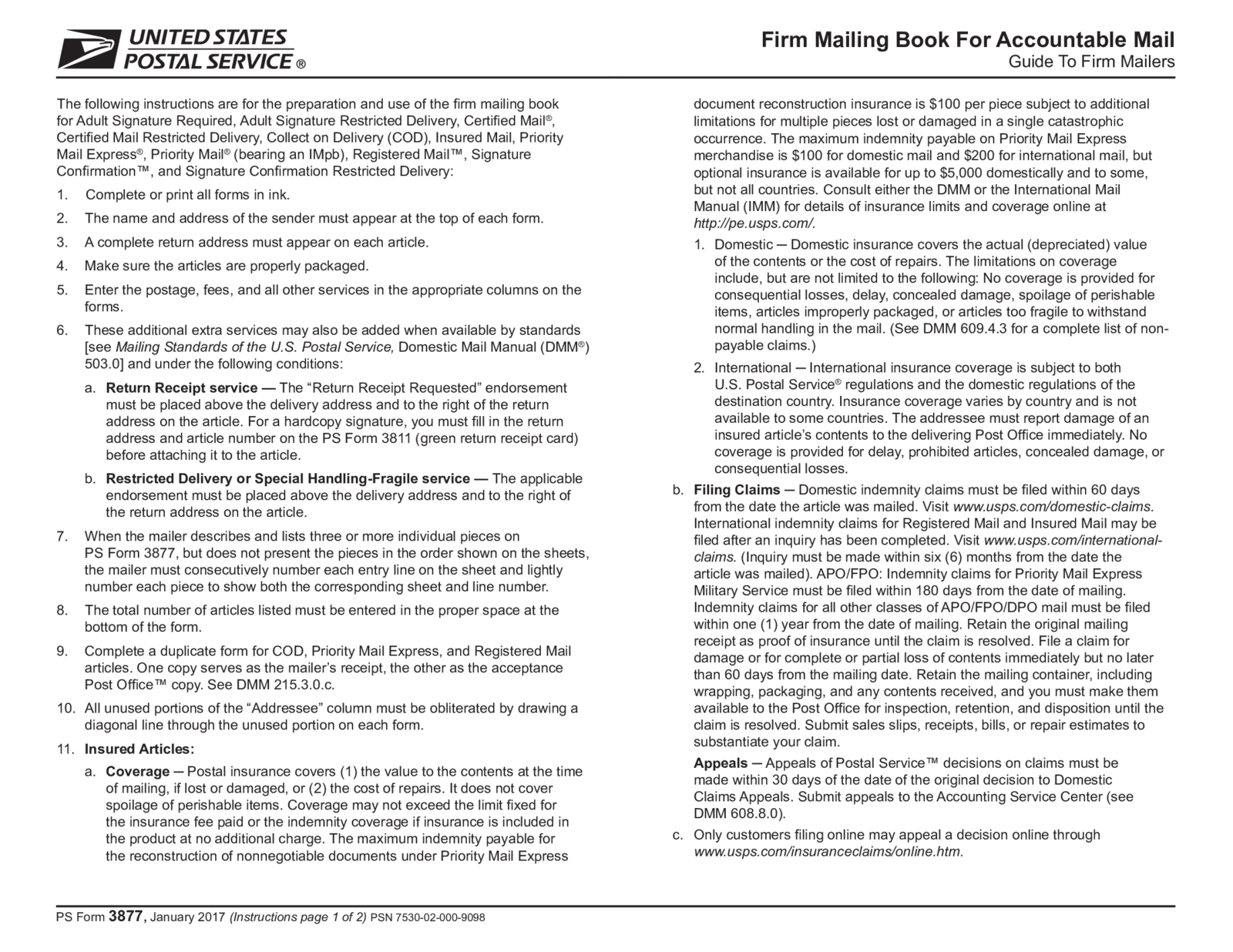 Fillable PS Form 3877 - Firm Mailing Book For Accountable Mail - Thumbnail