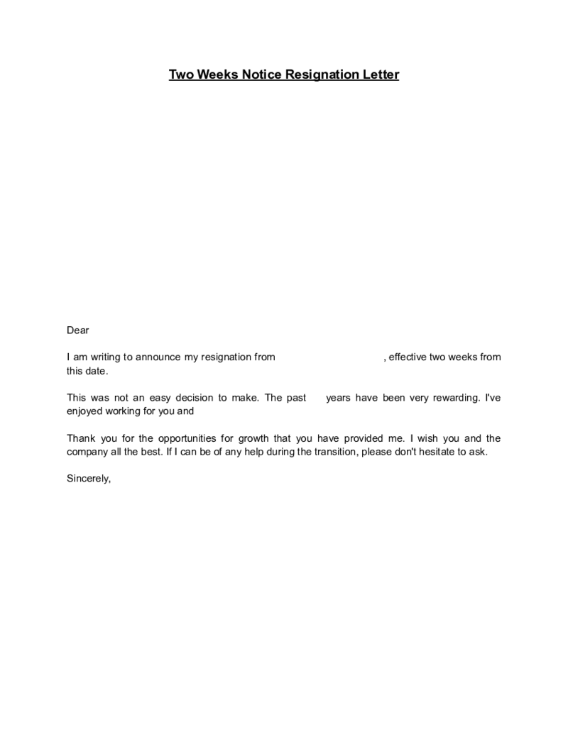 Two Weeks Notice Resignation Letter Template