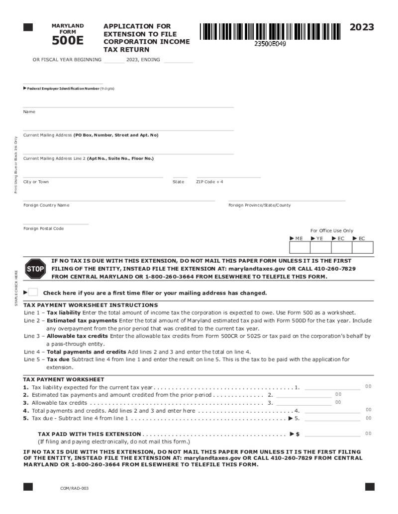 Form 500E Application for an Extension to File Corporation Income Tax Return