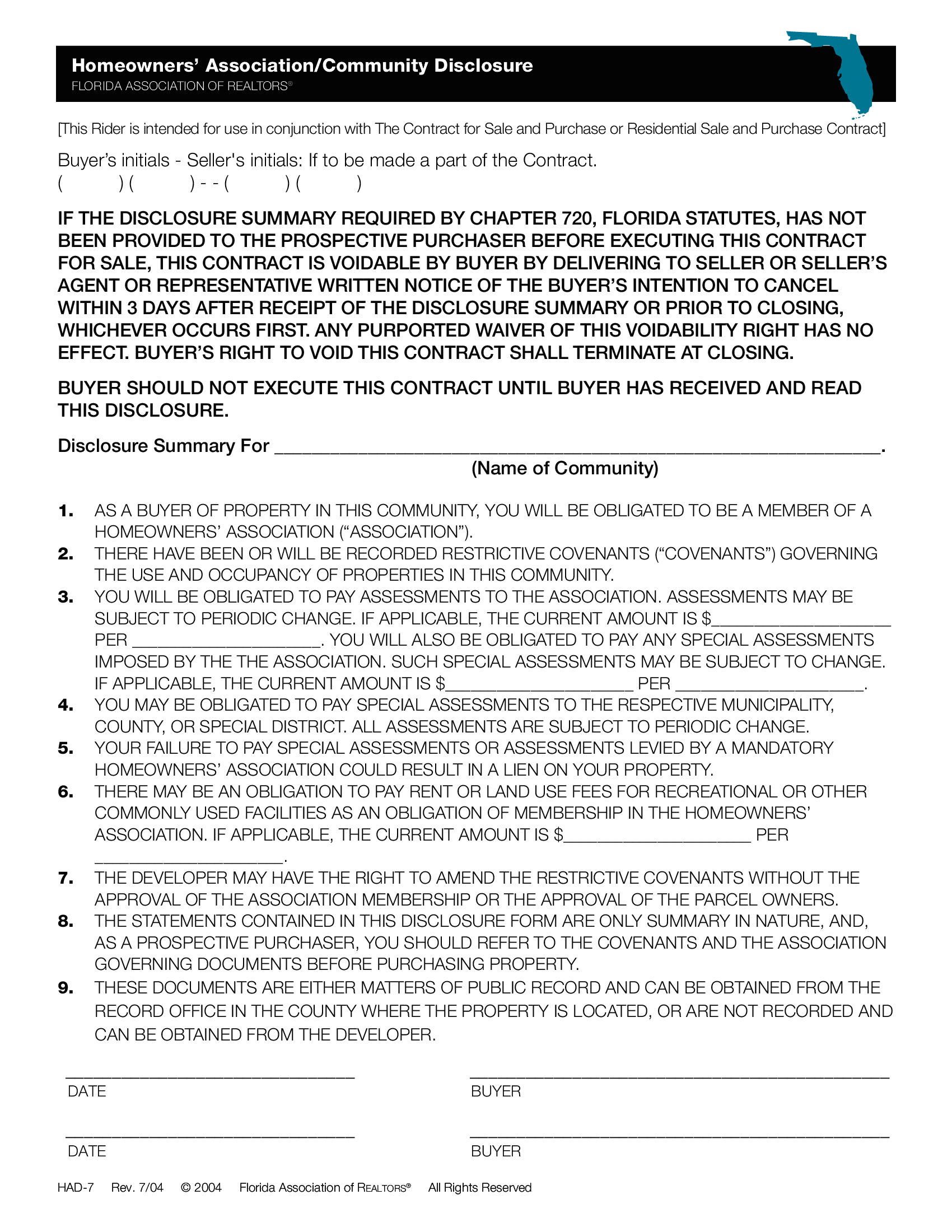  Homeowners Association Disclosure Summary - Thumbnail