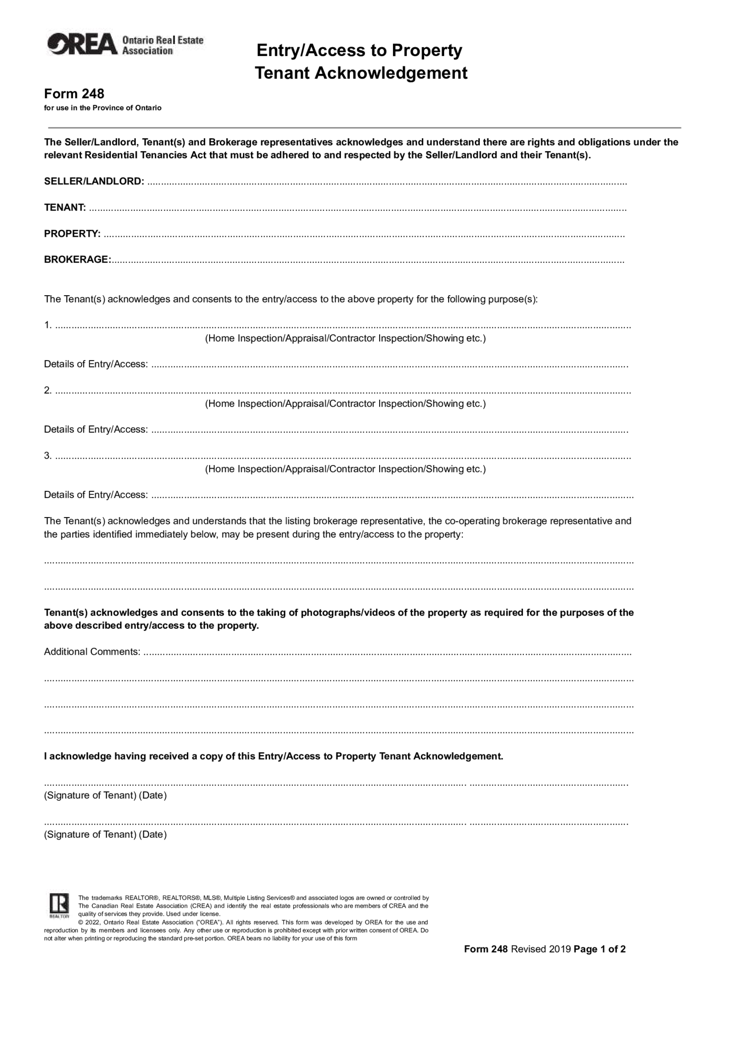 Form 248, Entry Access to Property - Tenant Acknowledgement - Thumbnail