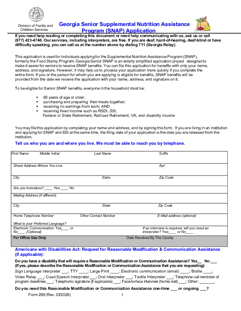 Georgia Senior SNAP Application (Form 298)