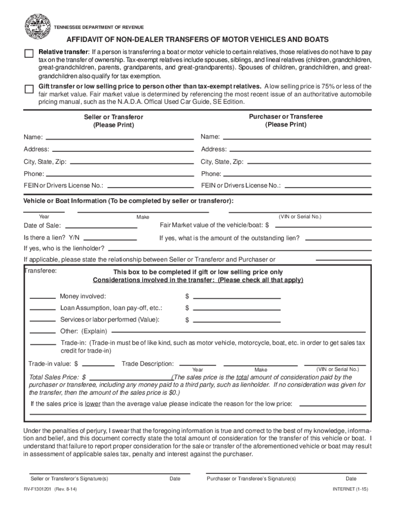 Affidavit of Non-Dealer Transfers of Motor Vehicles and Boats