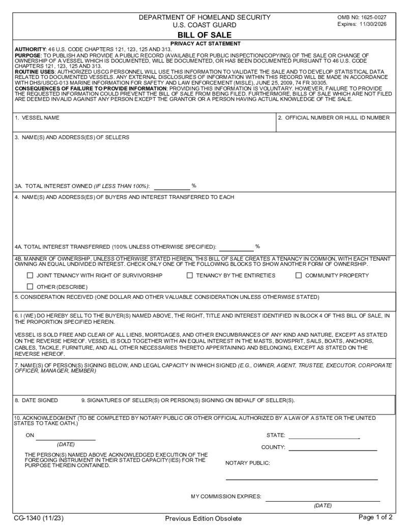 Form CG-1340, U.S. Coast Guard BILL OF SALE