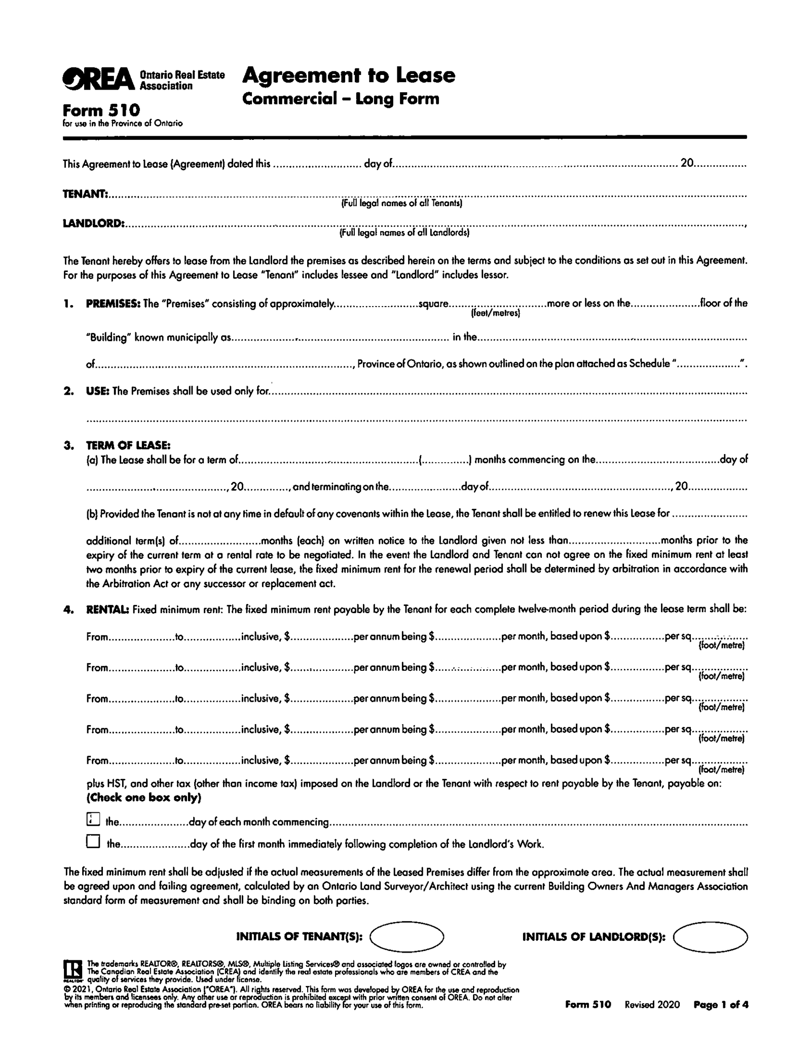 OREA Form 510, Agreement to Lease, Commercial - Thumbnail