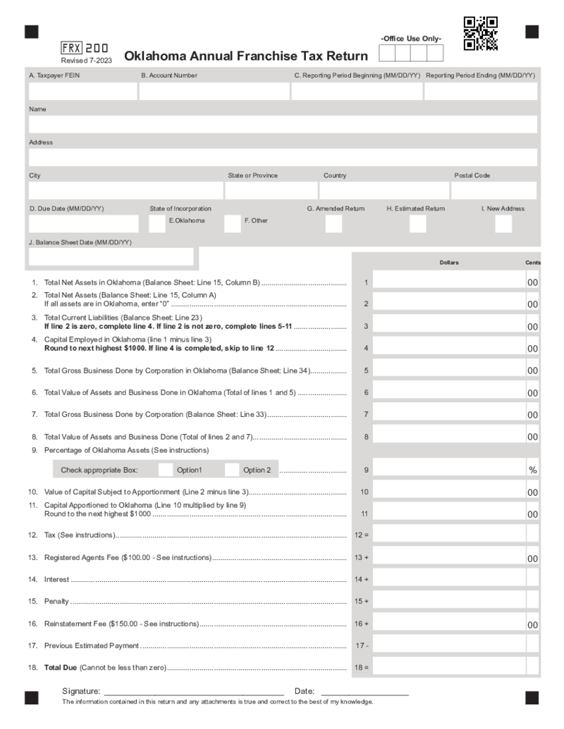 Form FRX-200 Oklahoma Annual Franchise Tax Return