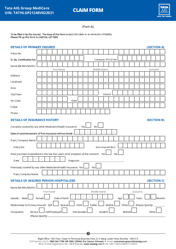 TATA AIG Medicare Claim Form