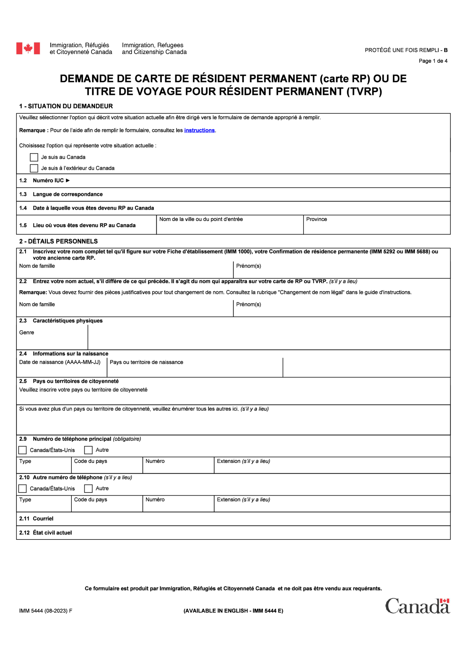 Fillable IMM 5444 F - Application for a Permanent Resident Card - Thumbnail