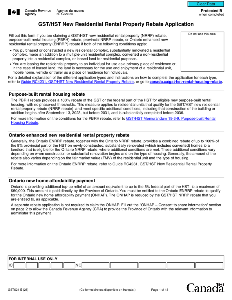 GST524 GST HST New Residential Rental Property Rebate Application