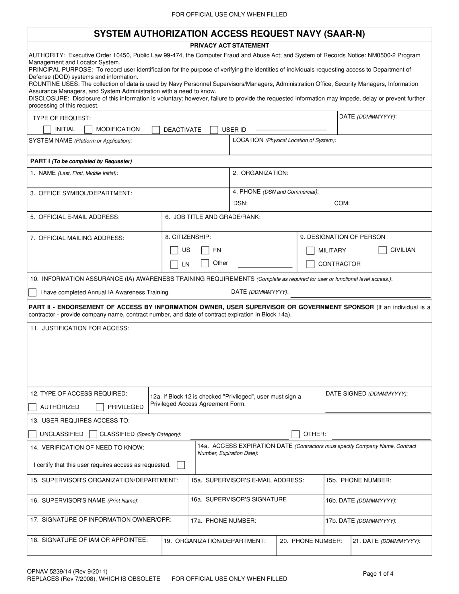 Fillable OPNAV 5239 14 2011-2021 - Thumbnail