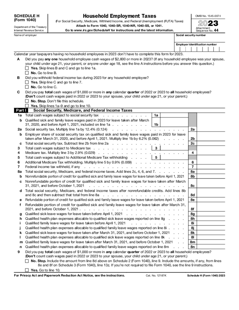 Schedule H Form 1040 (2023)