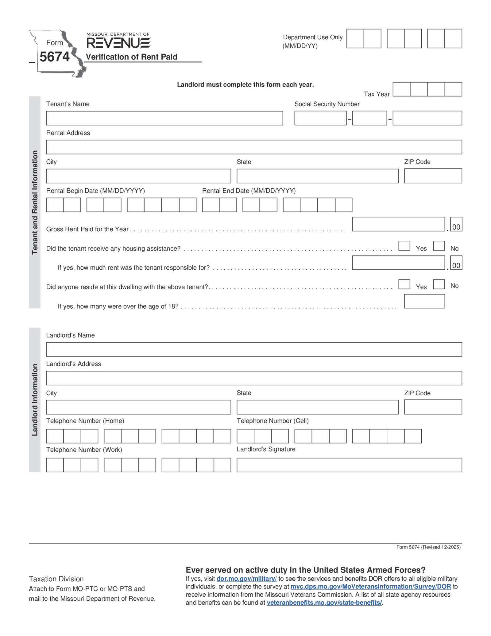 Missouri Form 5674 - Verification of Rent Paid (2025) - Thumbnail