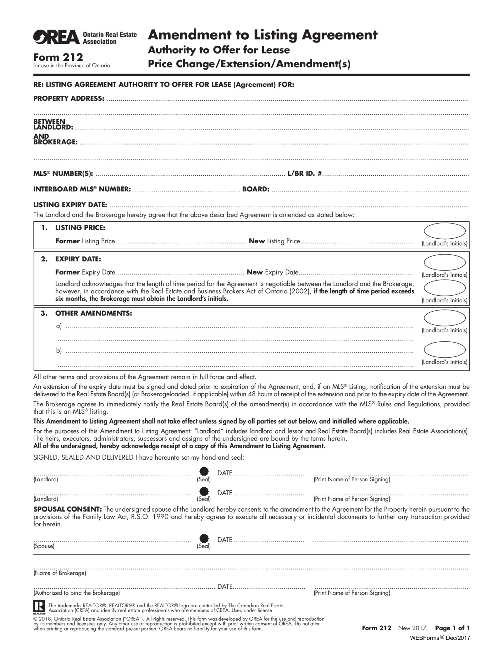 Form 212, Amendment to Listing Agreement - Thumbnail