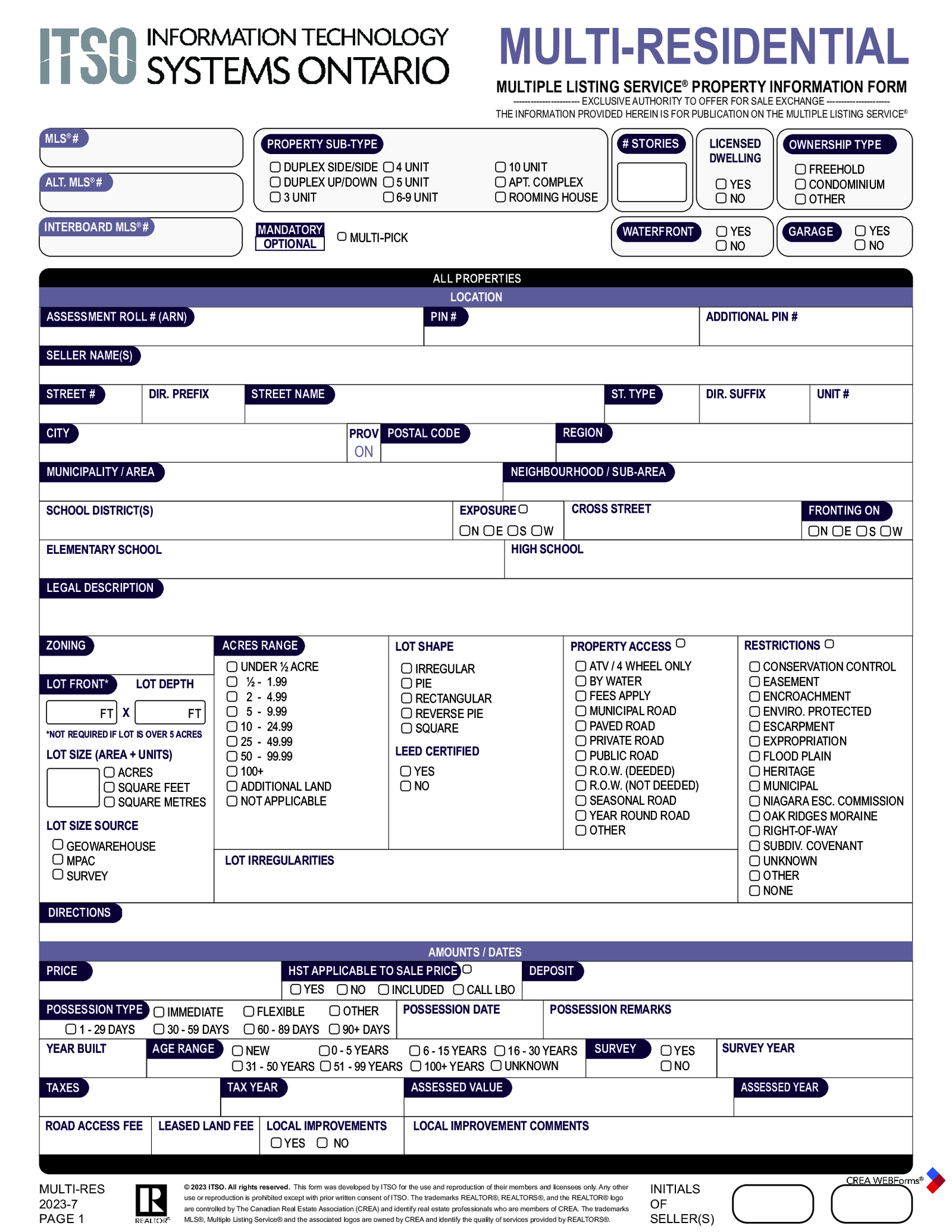 Fillable MLS Property Information Form - Multi-Residential Sale - Thumbnail