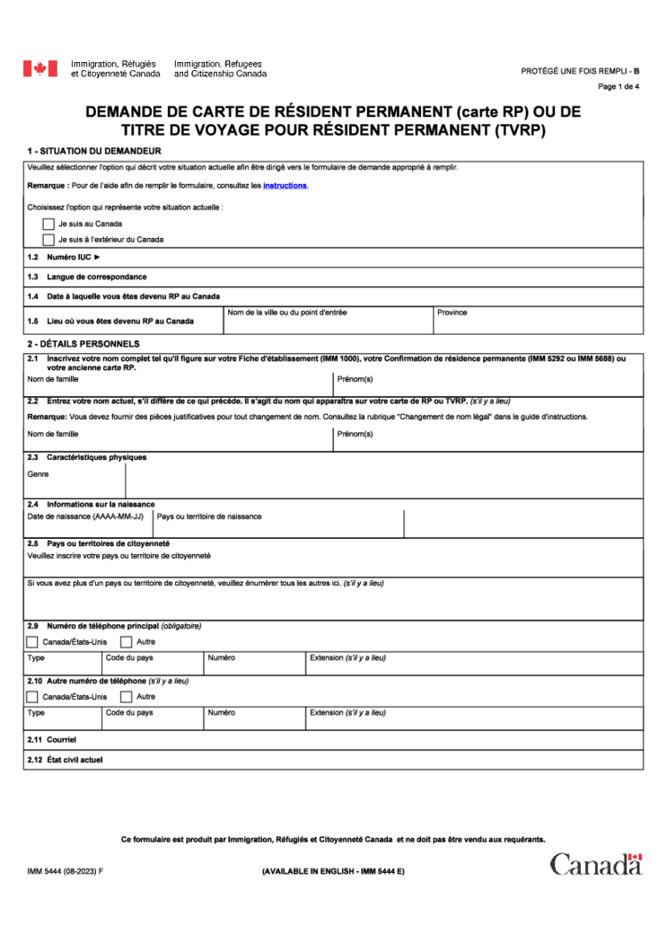 IMM 5444 F - Application for a Permanent Resident Card