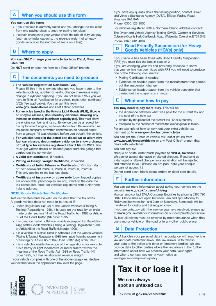 Application to change a vehicle s tax class (V70)