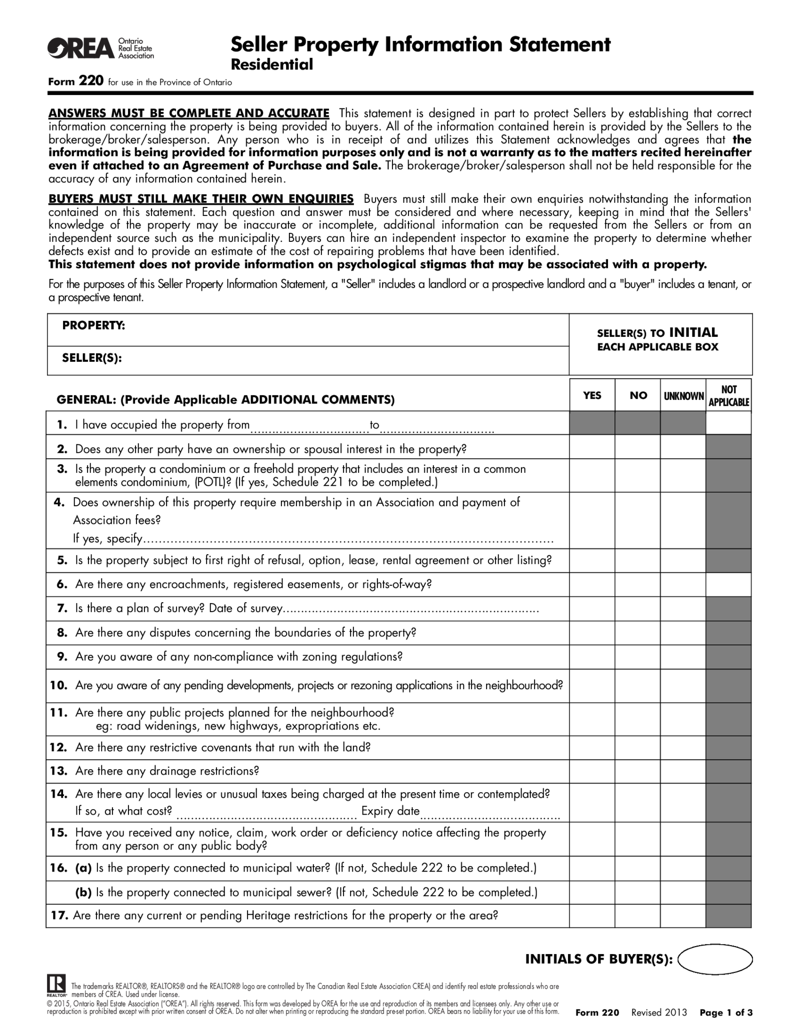 Form 220, Seller Property Information Statement, Residential - Thumbnail