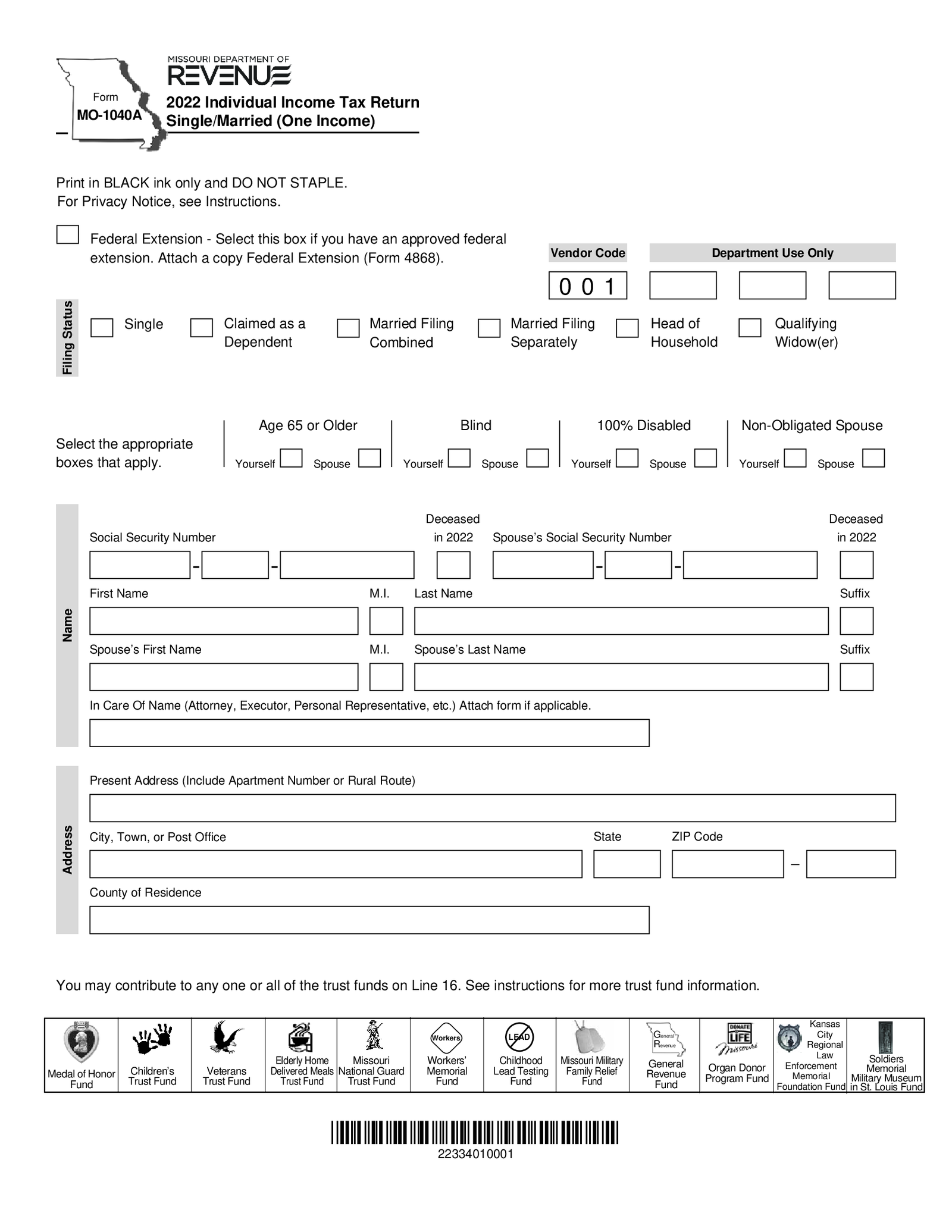 Form MO-1040A - Single Married with One Income Tax Return - Thumbnail