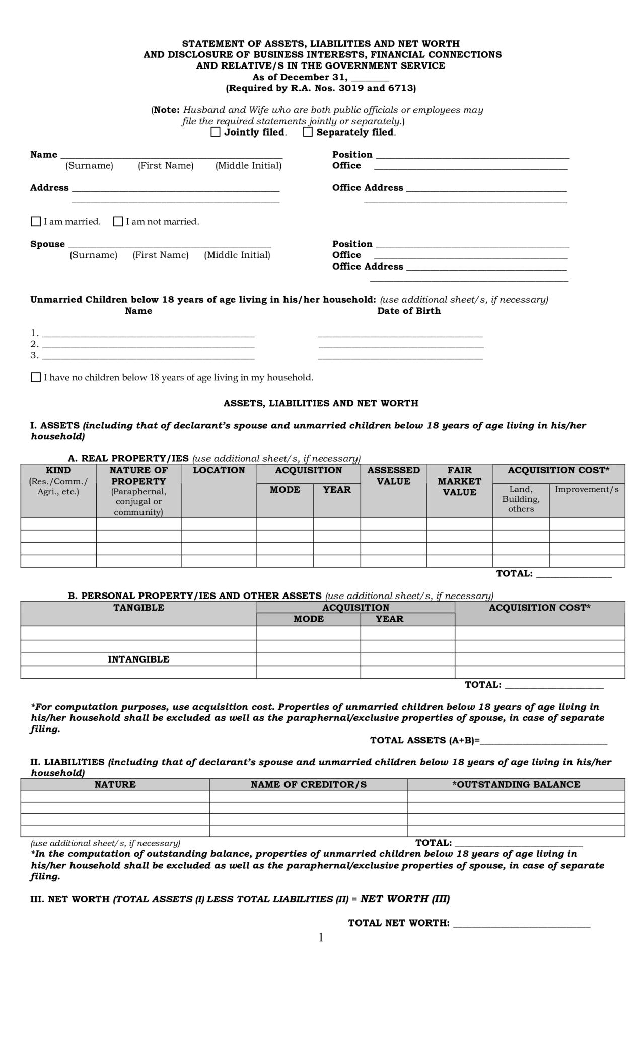 Fillable Statement of Assets, Liabilities, and Net Worth Form - Thumbnail