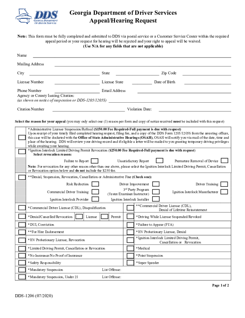 DDS-1206 Georgia Department of Driver Services Appeal and Hearing Request
