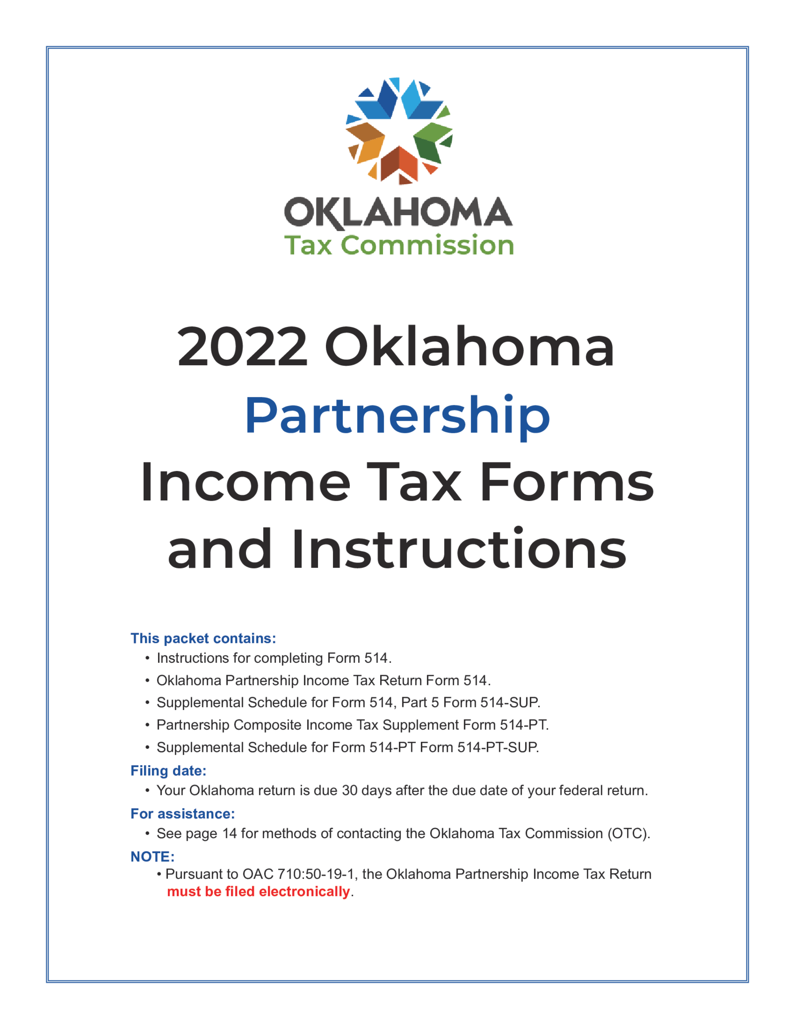 Form 514 Oklahoma Partnership Income Tax Return Packet - Thumbnail