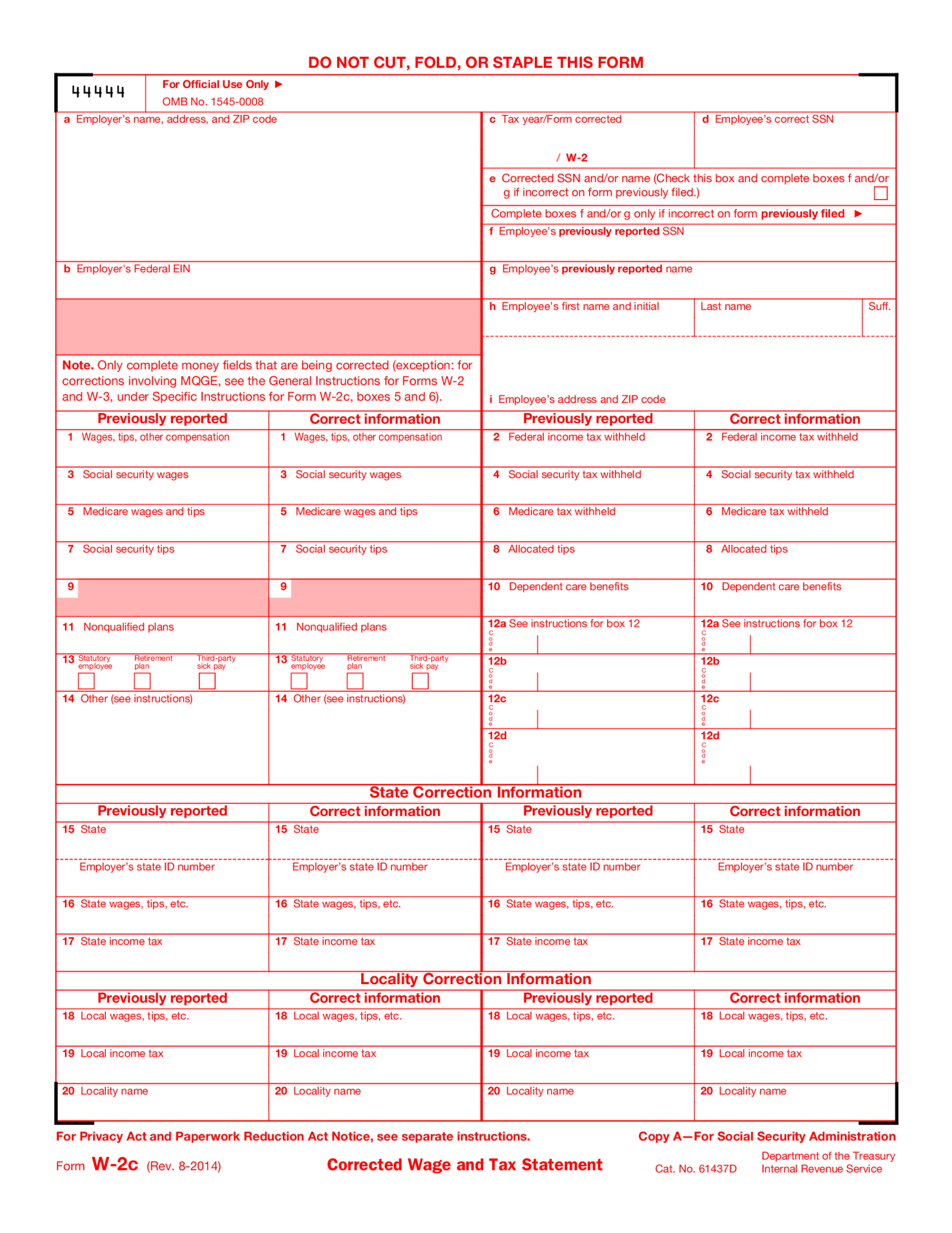 IRS W-2 Correction eFile Form - Thumbnail