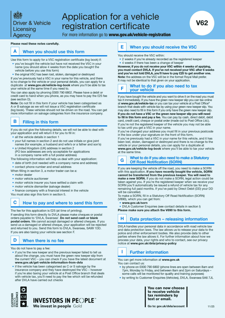 Apply for a vehicle registration certificate (form V62)