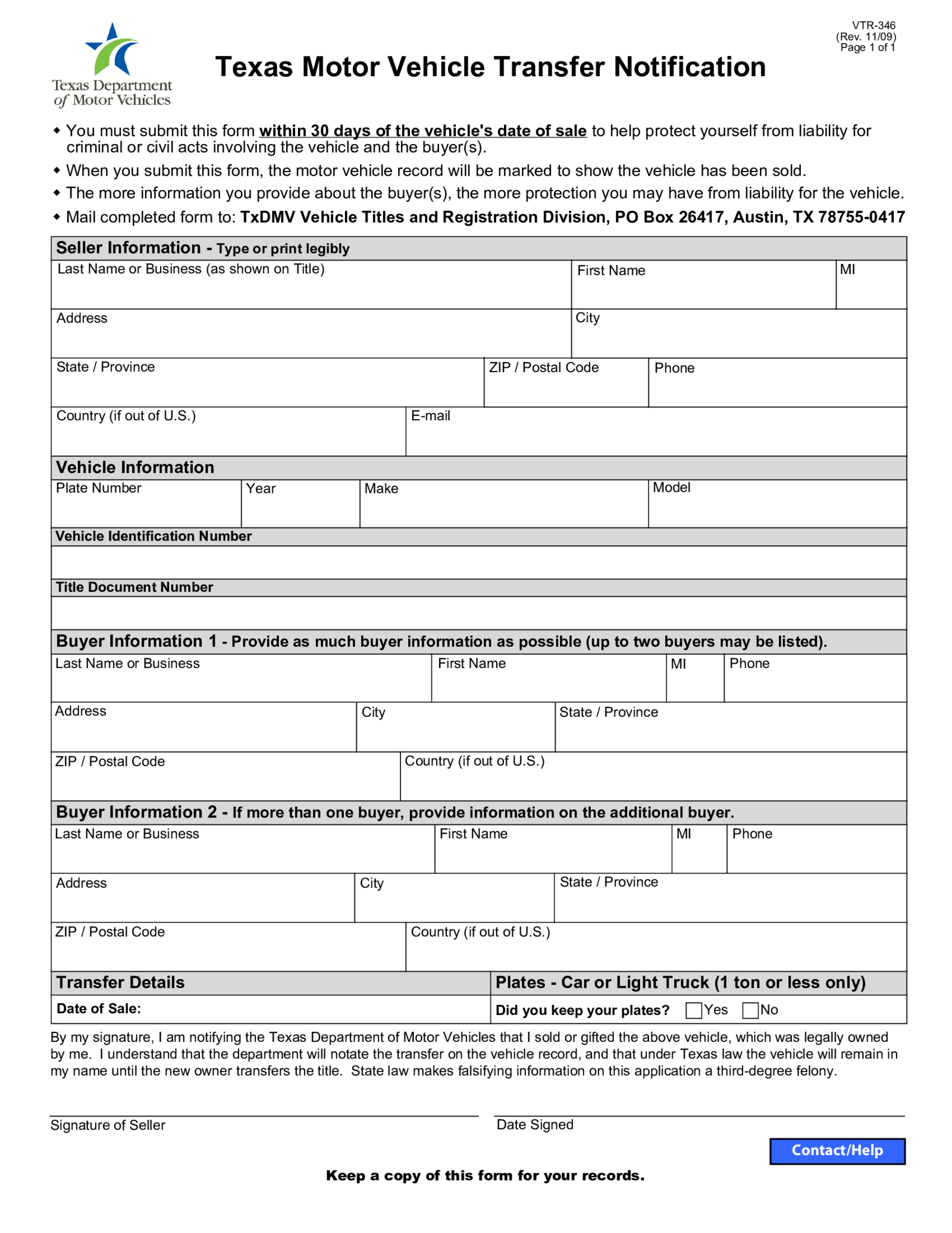 Texas Motor Vehicle Transfer Notification (Form VTR-346) - Thumbnail