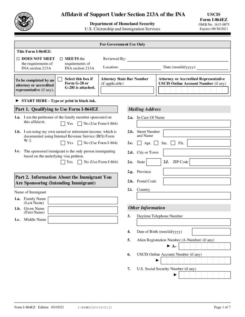 USCIS I-864EZ (2021)