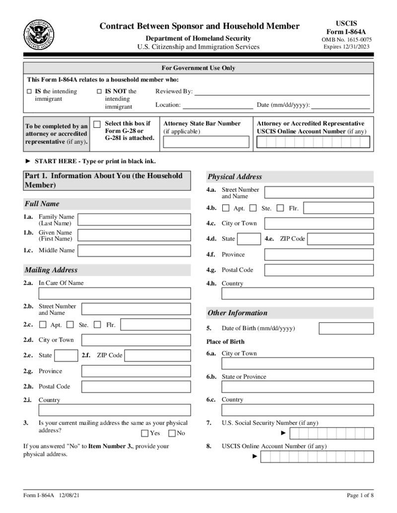 Form I-864A, Contract Between Sponsor and Household Member