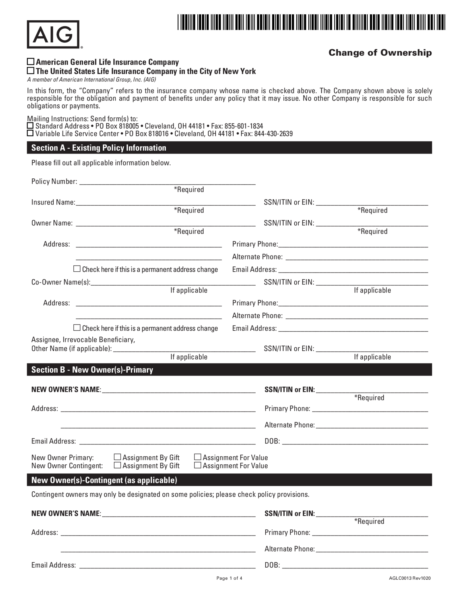 AIG Change of Ownership Form - Thumbnail