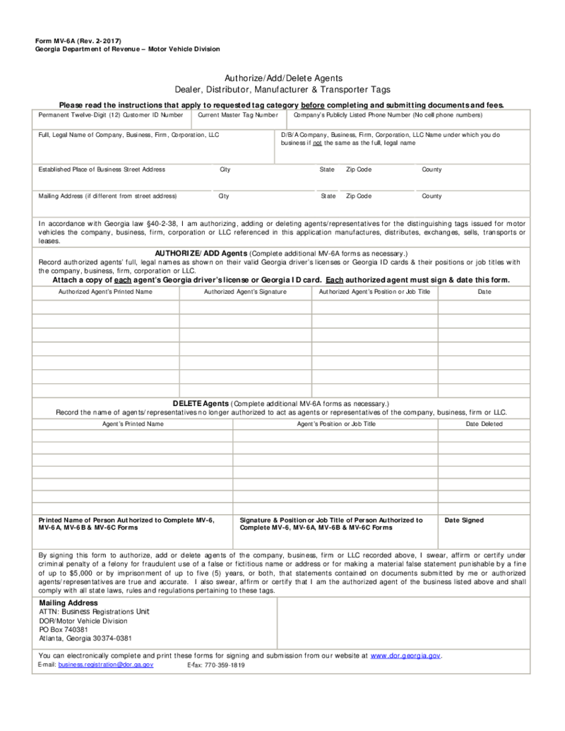 Form MV-6, Georgia Department of Revenue