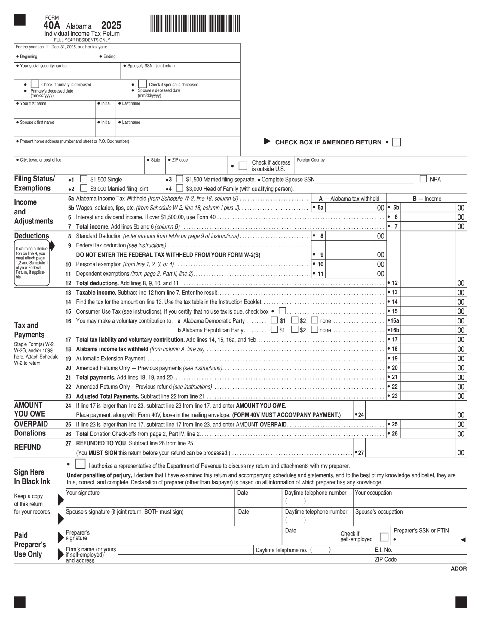 Alabama Tax Form 40A - Thumbnail
