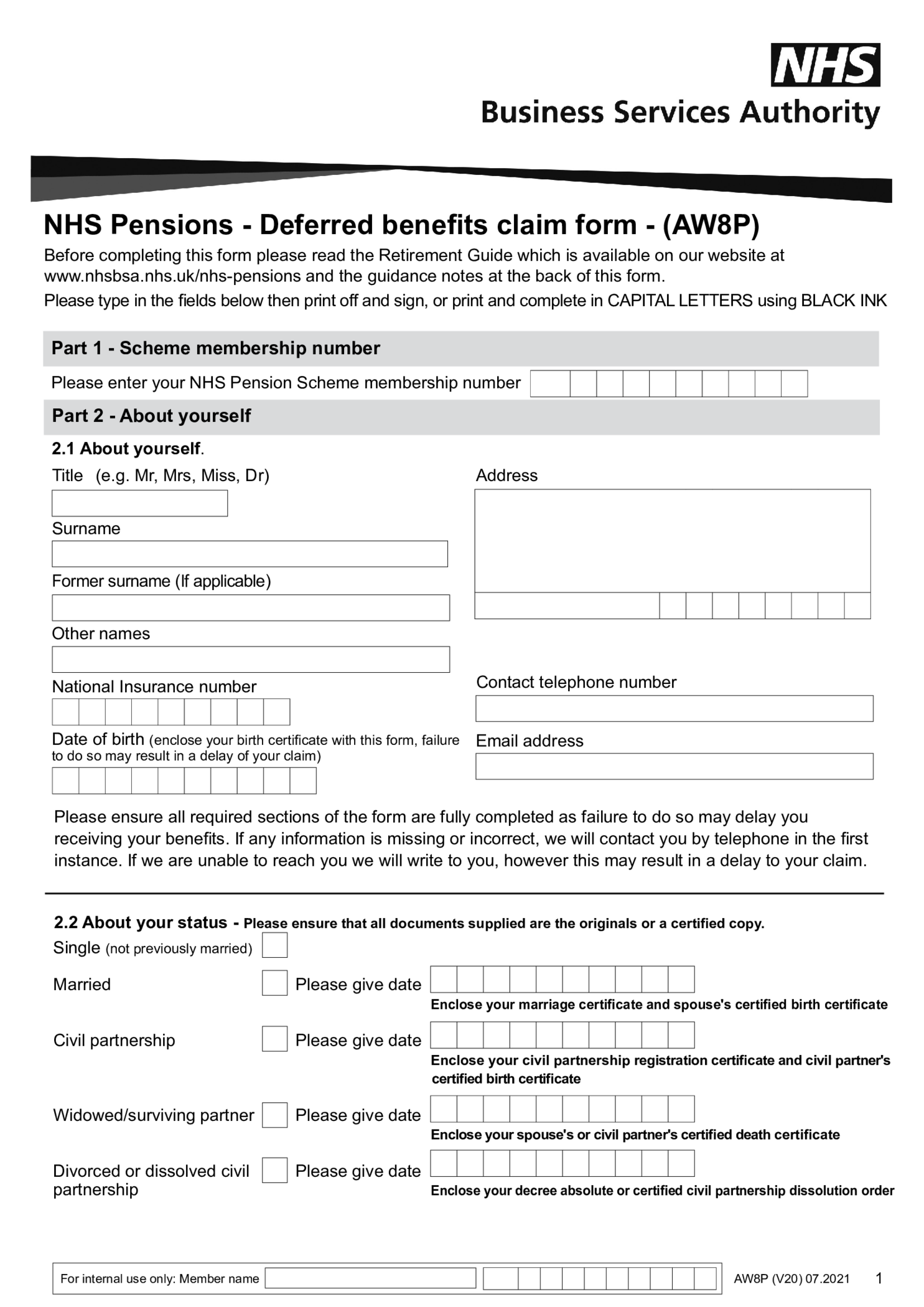 NHS Pensions - Deferred benefits claim form (AW8P) - NHSBSA - Thumbnail