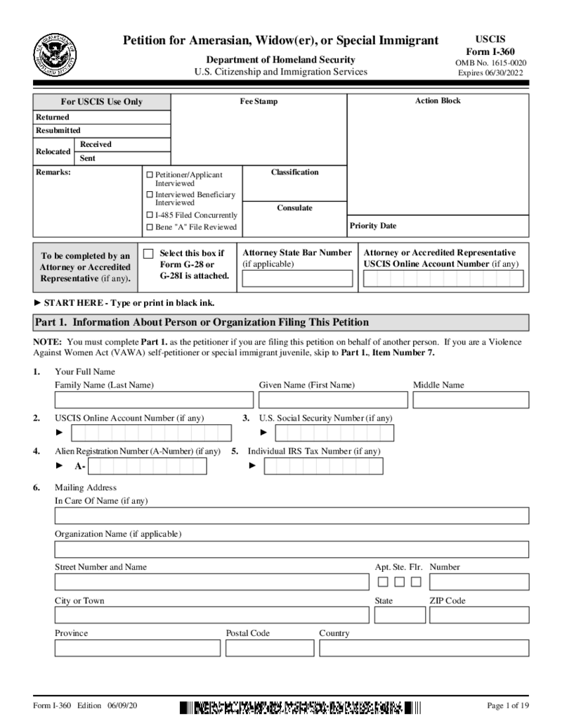 Form I-360, Petition for Amerasian, Widow(er), or Special Immigrant