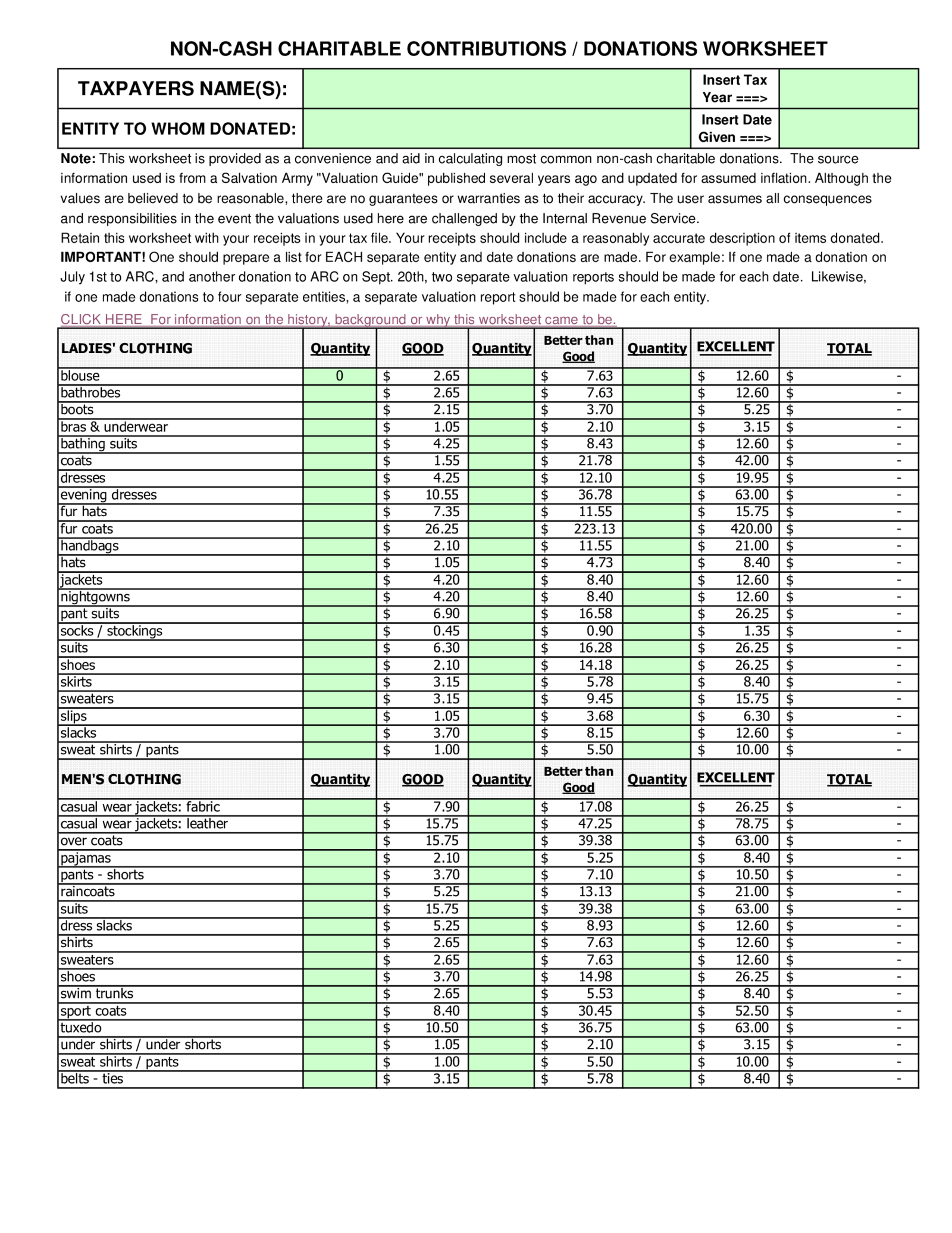 Fillable Non Cash Charitable Contributions (Donations) Worksheet - Thumbnail