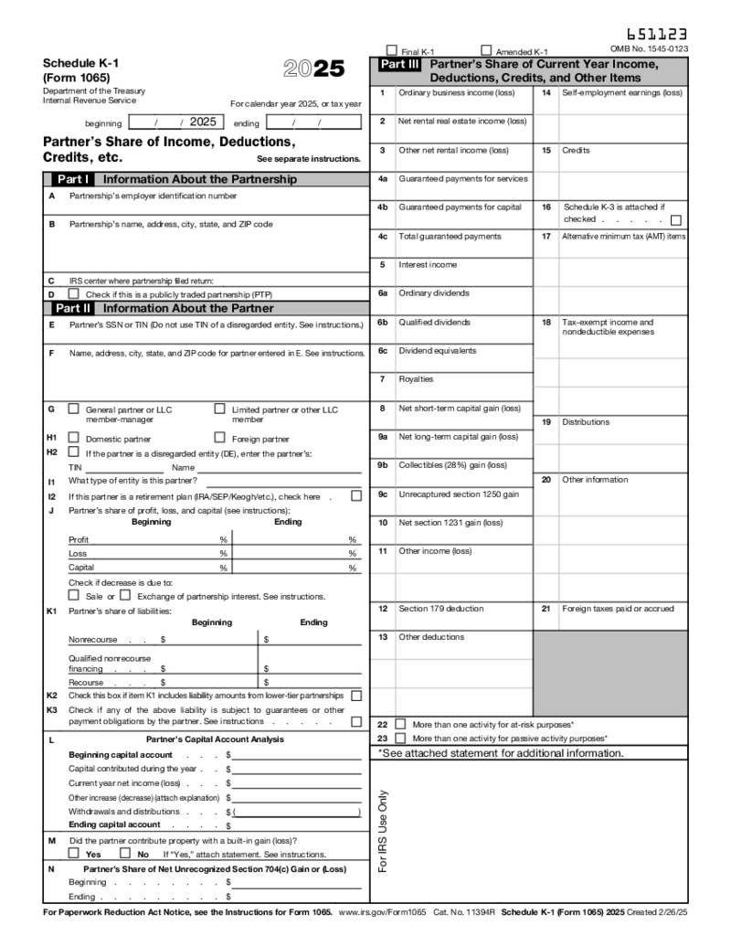 Schedule K-1 (Form 1065) 2025