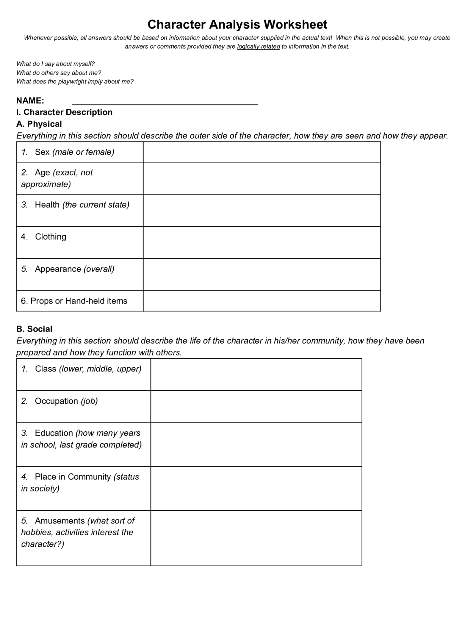 Character Analysis Worksheet - Thumbnail