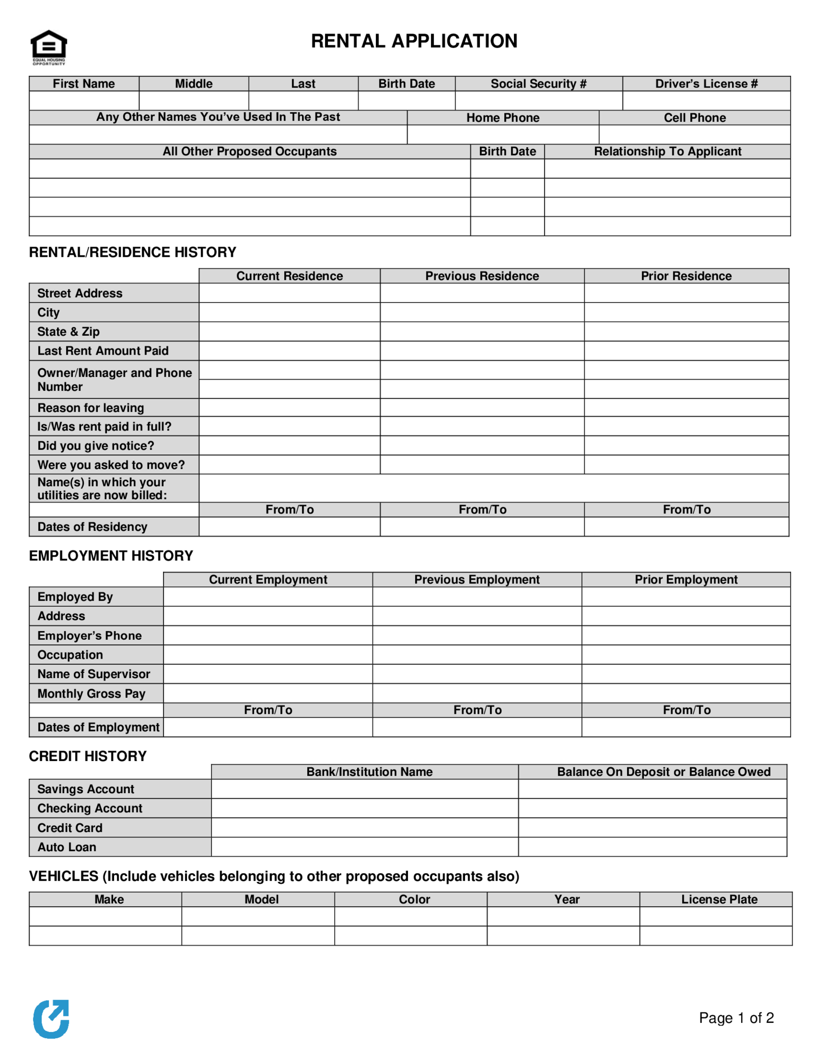 Rental Application Form - Thumbnail