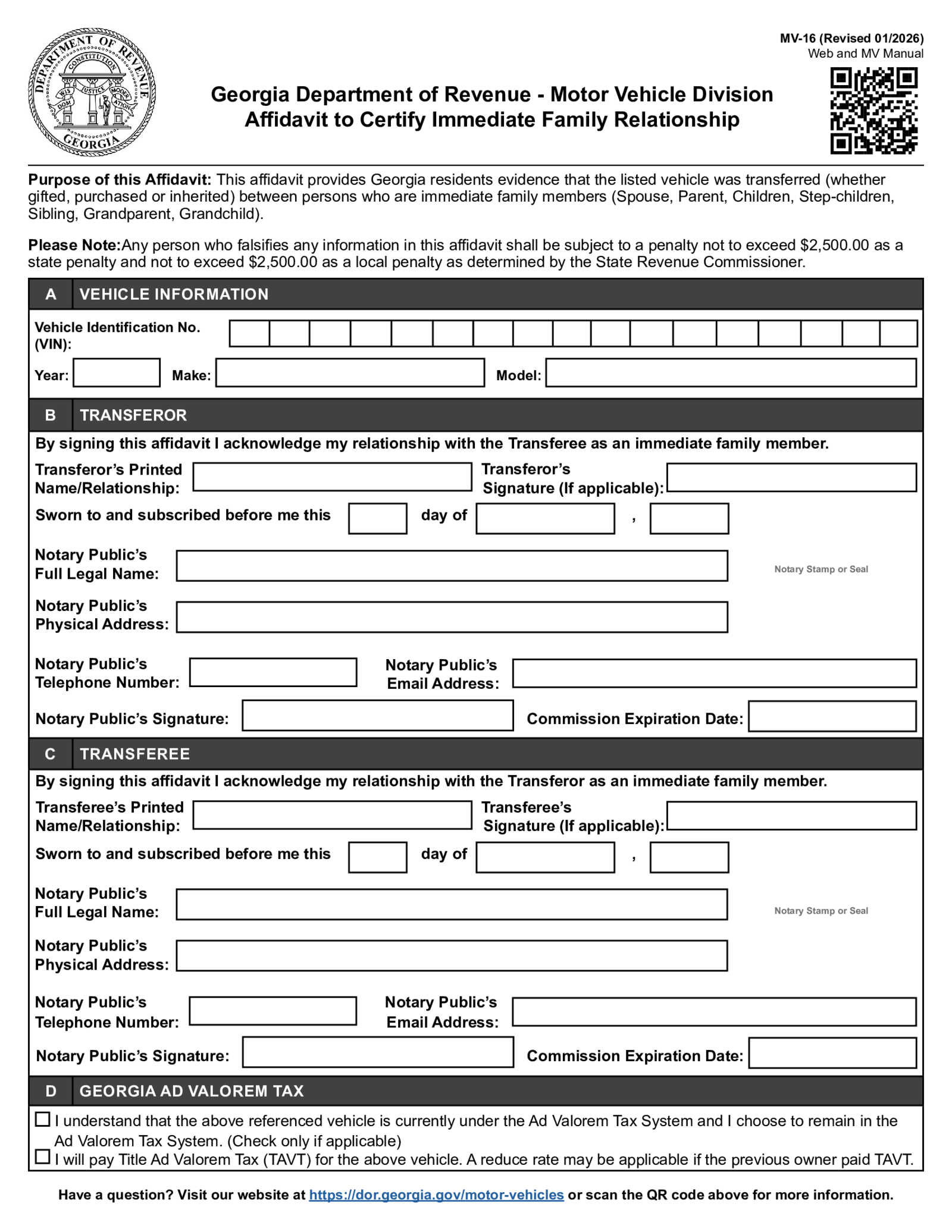 Form MV-16, Affidavit Certify Immediate Family Relationship - Thumbnail
