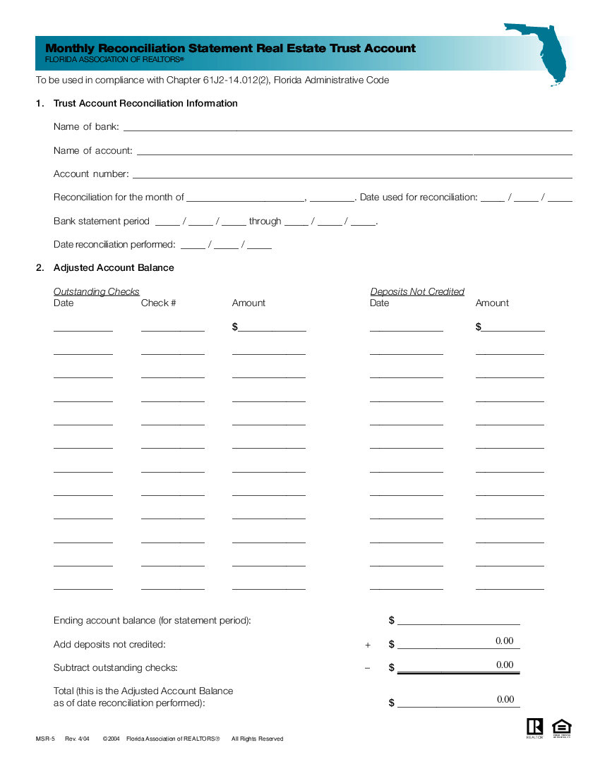 Monthly Reconciliation Statement Real Estate Trust Account